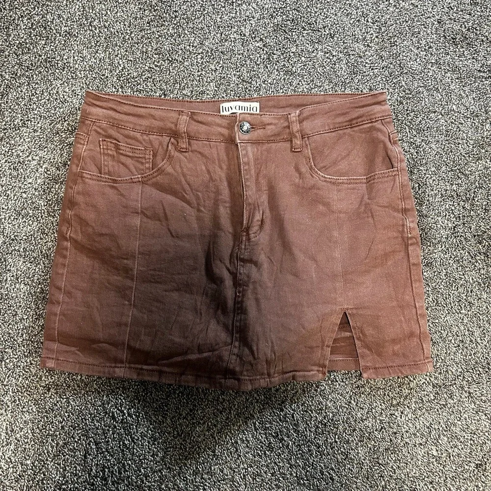 luvamia Denim Skort Womens L Brown Excellent Mini Skirt Slit Detail 5103